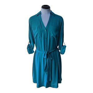 Express Turquoise Blue Portofino Shirt Dress Convertible Sleeve Tie-Waist Large